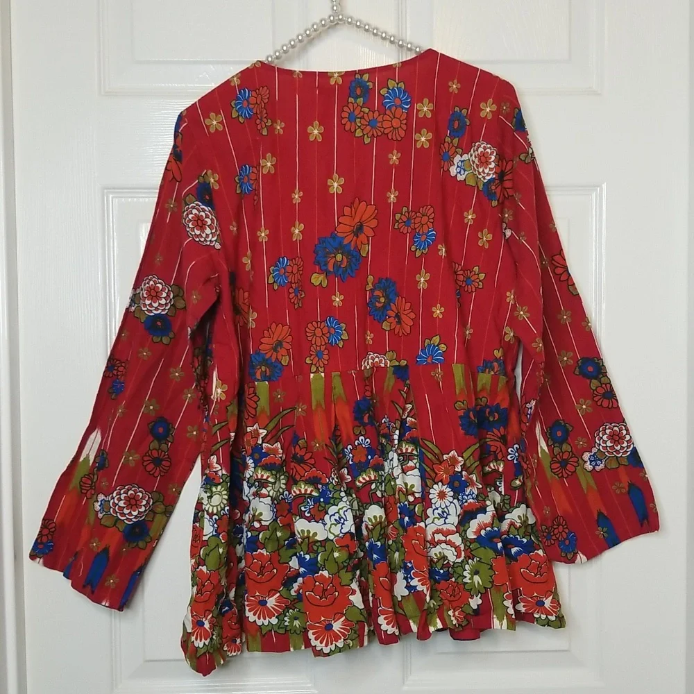 Khaadi Womens Red Blue Green Pleated Flowy Long Sleeve Top Size 14 - Picture 4 of 12